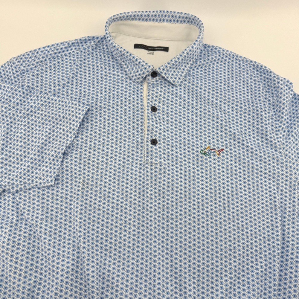 Greg Norman Polo Shirt Mens XXL Blue White Geometric Pinwheel Print Golf Shark
